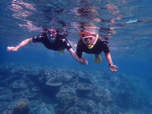 author and mother underwater holding hands with coral reef beneath them