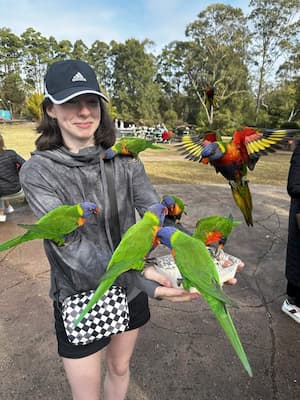 author with rainbow laurakeets on her arms and head